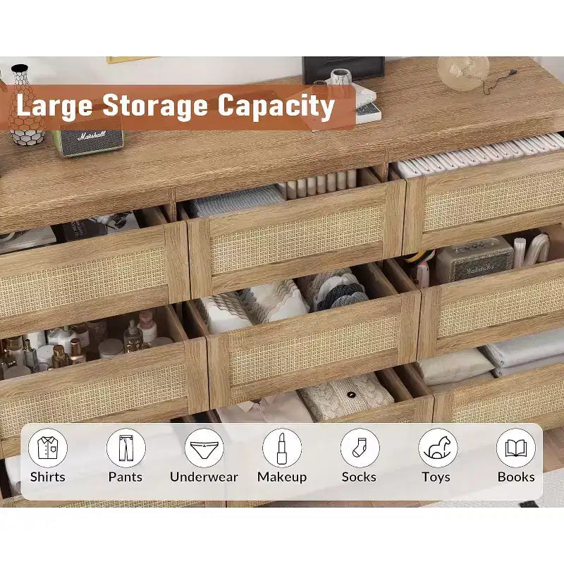 9 Drawer Dresser for Bedroom,63 Inch Long Dressers & Rattan Chest of Drawers,Boho Style,Modern Dresser for,Living Room,Entryway,Bedroom