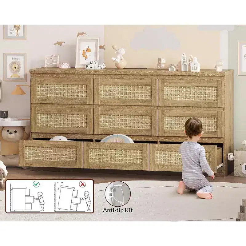 9 Drawer Dresser for Bedroom,63 Inch Long Dressers & Rattan Chest of Drawers,Boho Style,Modern Dresser for,Living Room,Entryway,Bedroom