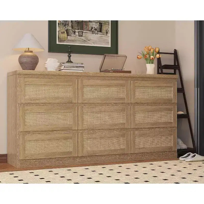9 Drawer Dresser for Bedroom,63 Inch Long Dressers & Rattan Chest of Drawers,Boho Style,Modern Dresser for,Living Room,Entryway,Bedroom