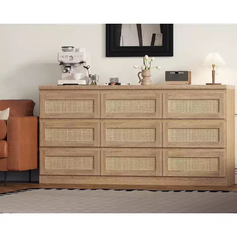 9 Drawer Dresser for Bedroom,63 Inch Long Dressers & Rattan Chest of Drawers,Boho Style,Modern Dresser for,Living Room,Entryway,Bedroom
