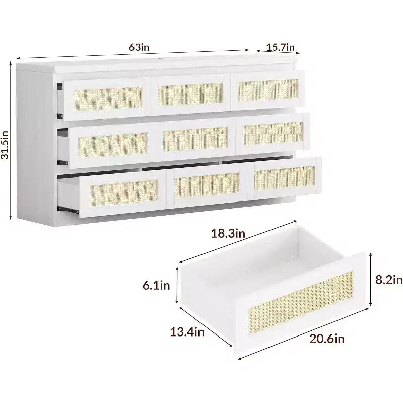 9 Drawer Dresser for Bedroom,63 Inch Long Dressers & Rattan Chest of Drawers,Boho Style,Modern Dresser for,Living Room,Entryway,Bedroom
