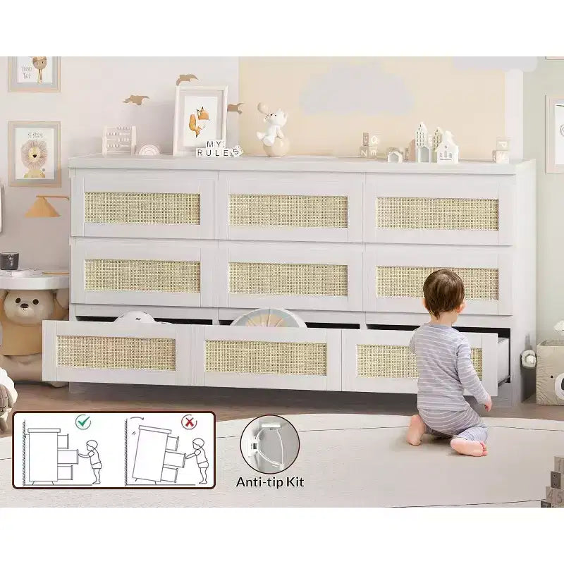 9 Drawer Dresser for Bedroom,63 Inch Long Dressers & Rattan Chest of Drawers,Boho Style,Modern Dresser for,Living Room,Entryway,Bedroom