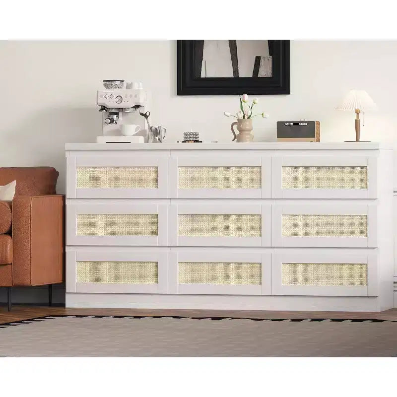 9 Drawer Dresser for Bedroom,63 Inch Long Dressers & Rattan Chest of Drawers,Boho Style,Modern Dresser for,Living Room,Entryway,Bedroom