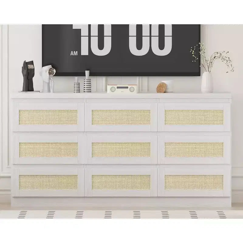 9 Drawer Dresser for Bedroom,63 Inch Long Dressers & Rattan Chest of Drawers,Boho Style,Modern Dresser for,Living Room,Entryway,Bedroom