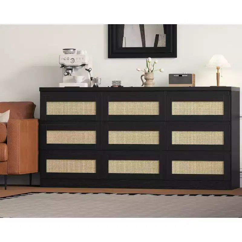 9 Drawer Dresser for Bedroom,63 Inch Long Dressers & Rattan Chest of Drawers,Boho Style,Modern Dresser for,Living Room,Entryway,Bedroom