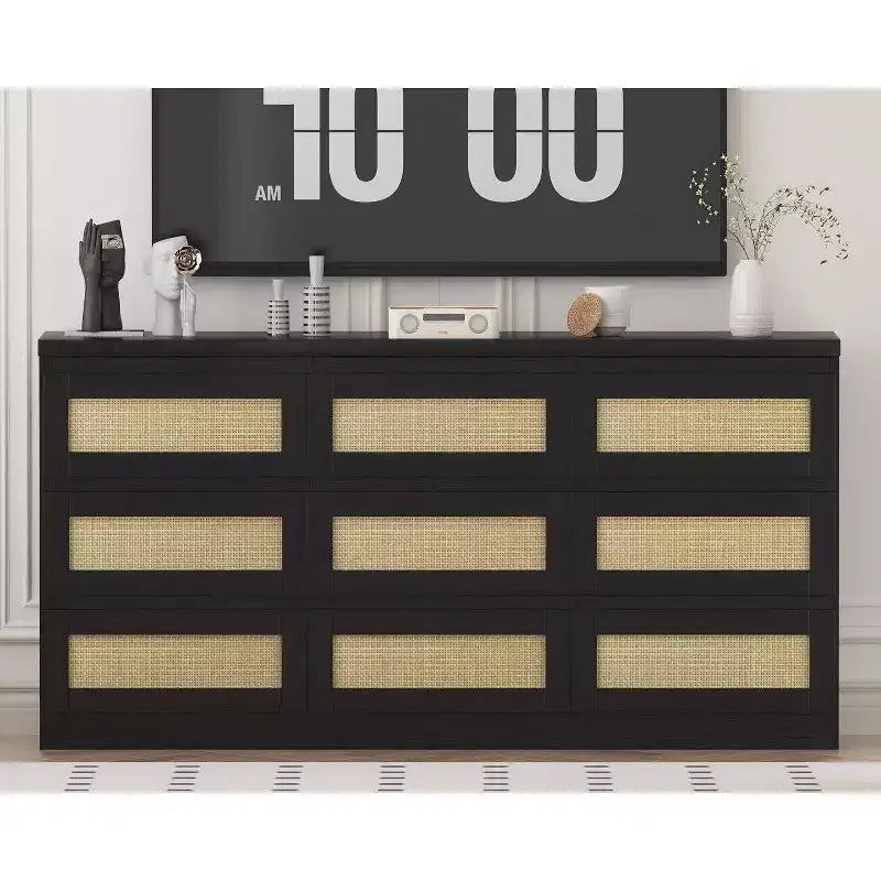 9 Drawer Dresser for Bedroom,63 Inch Long Dressers & Rattan Chest of Drawers,Boho Style,Modern Dresser for,Living Room,Entryway,Bedroom