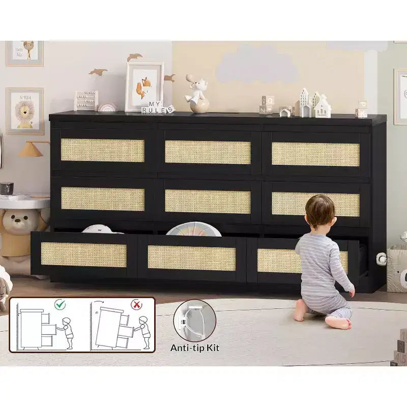 9 Drawer Dresser for Bedroom,63 Inch Long Dressers & Rattan Chest of Drawers,Boho Style,Modern Dresser for,Living Room,Entryway,Bedroom