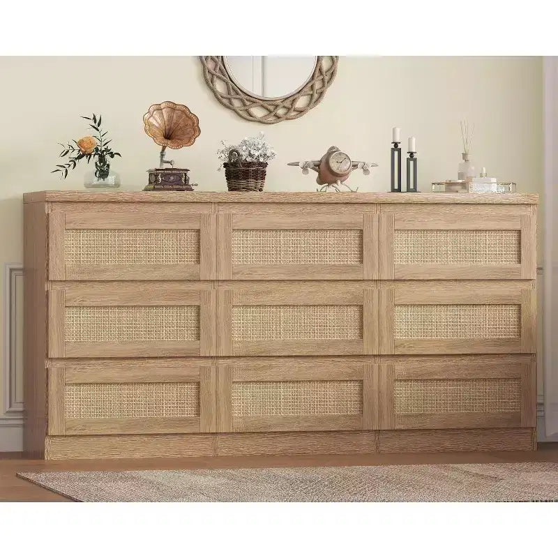 9 Drawer Dresser for Bedroom,63 Inch Long Dressers & Rattan Chest of Drawers,Boho Style,Modern Dresser for,Living Room,Entryway,Bedroom