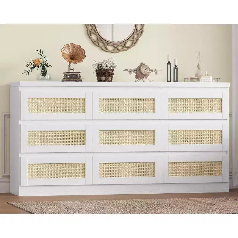 9 Drawer Dresser for Bedroom,63 Inch Long Dressers & Rattan Chest of Drawers,Boho Style,Modern Dresser for,Living Room,Entryway,Bedroom