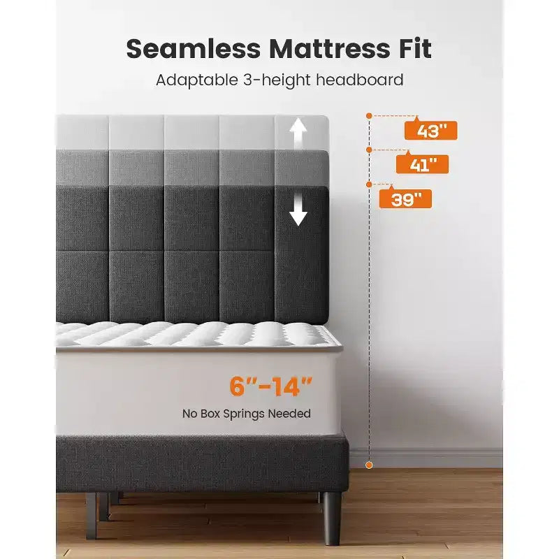 Pipishell full-size bed frame with 12 thickened legs and fabric cushioned headboard, capable of withstanding 1300 pounds and easy to assemble