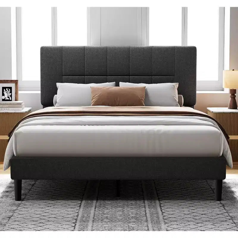 Pipishell full-size bed frame with 12 thickened legs and fabric cushioned headboard, capable of withstanding 1300 pounds and easy to assemble