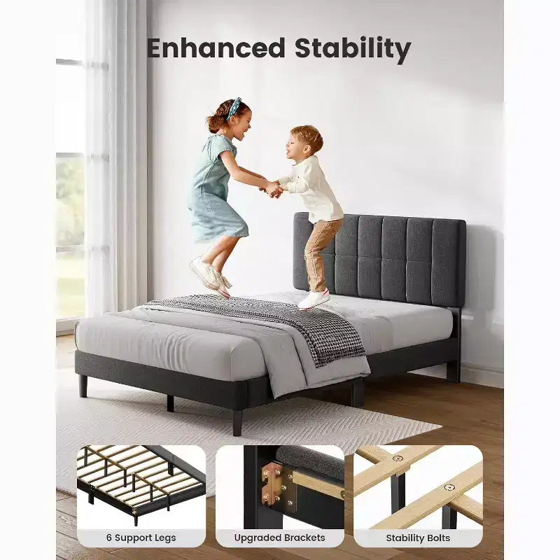 Pipishell full-size bed frame with 12 thickened legs and fabric cushioned headboard, capable of withstanding 1300 pounds and easy to assemble