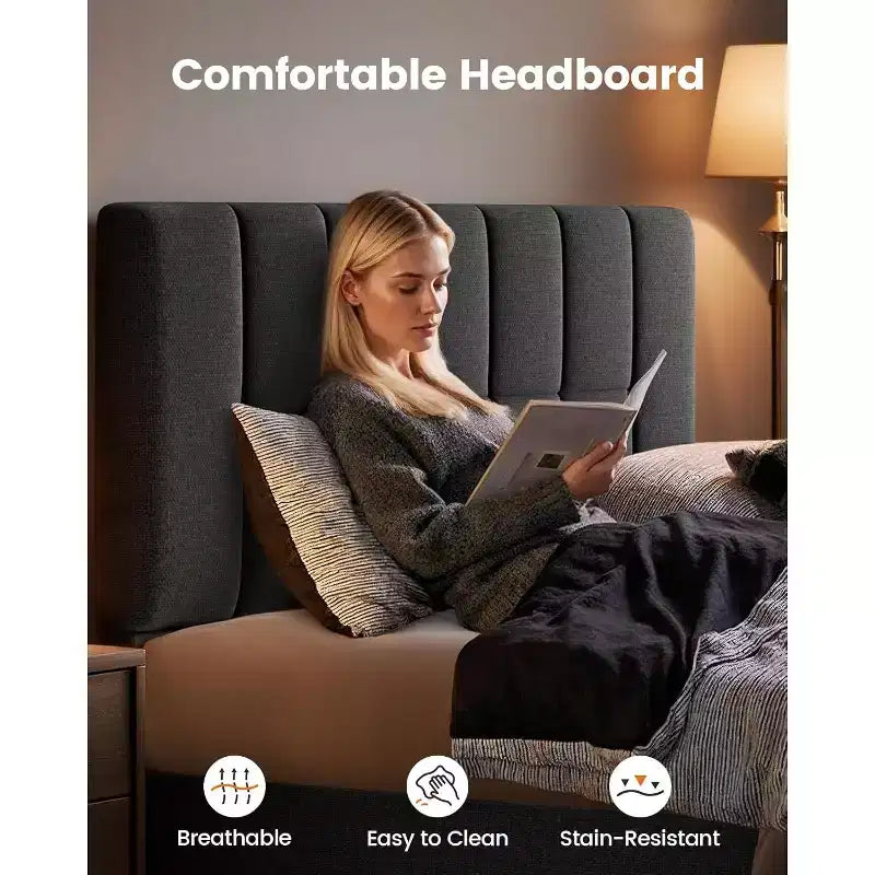 Pipishell full-size bed frame with 12 thickened legs and fabric cushioned headboard, capable of withstanding 1300 pounds and easy to assemble