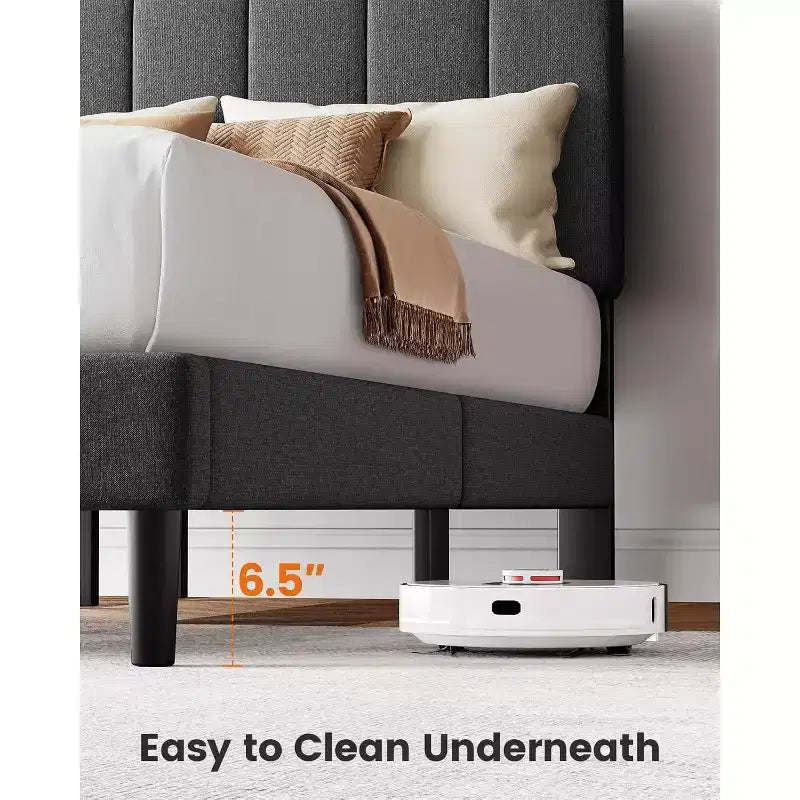Pipishell full-size bed frame with 12 thickened legs and fabric cushioned headboard, capable of withstanding 1300 pounds and easy to assemble