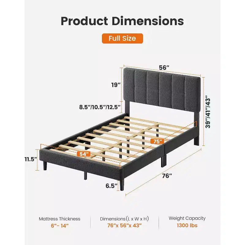 Pipishell full-size bed frame with 12 thickened legs and fabric cushioned headboard, capable of withstanding 1300 pounds and easy to assemble