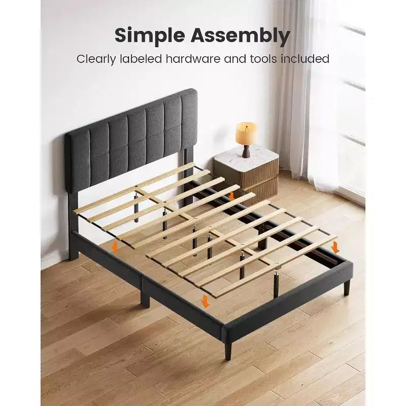 Pipishell full-size bed frame with 12 thickened legs and fabric cushioned headboard, capable of withstanding 1300 pounds and easy to assemble