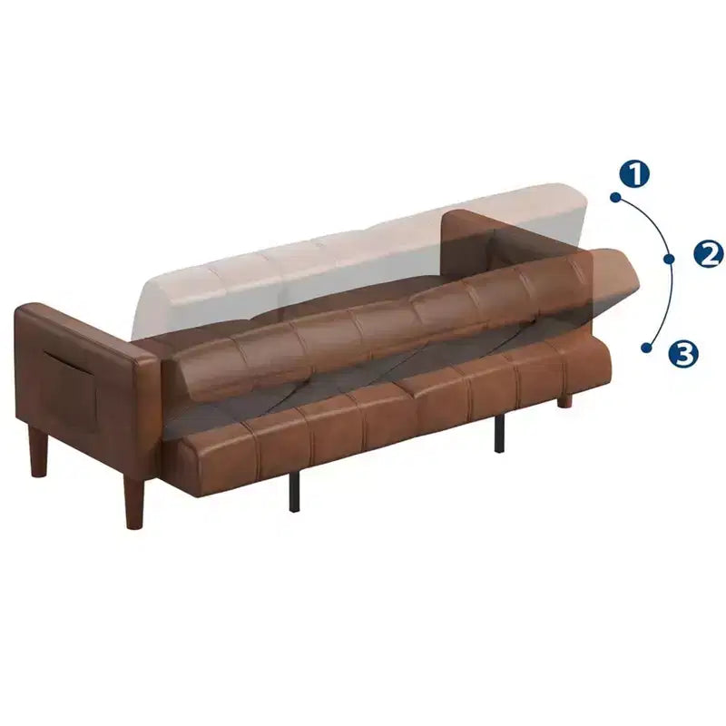 GustoWave 75 Convertible Futon Sofa Bed, PU Leather Loveseat Sofa Bed, Adjustable Backrest, Side Pockets, Space-Saving Sleeper Sofa, Brown