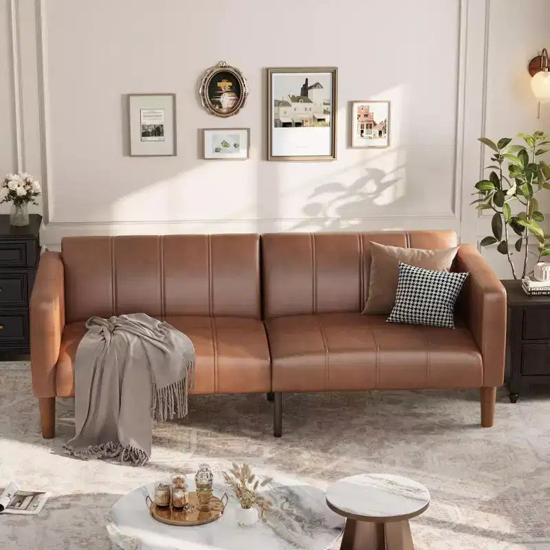 GustoWave 75 Convertible Futon Sofa Bed, PU Leather Loveseat Sofa Bed, Adjustable Backrest, Side Pockets, Space-Saving Sleeper Sofa, Brown