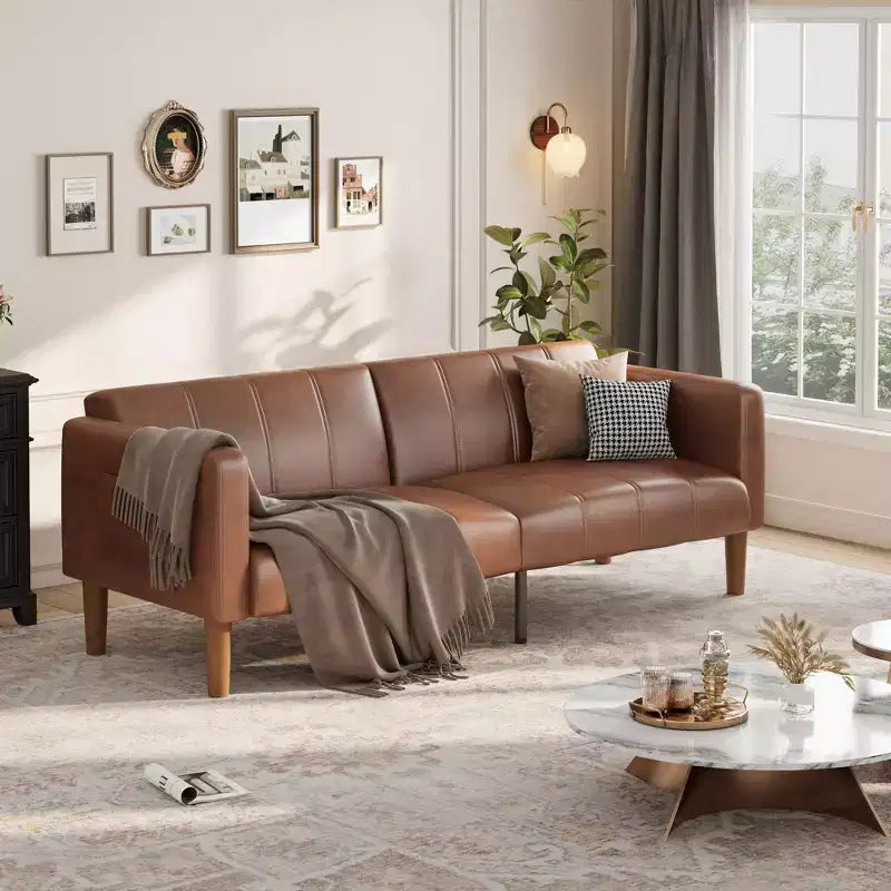GustoWave 75 Convertible Futon Sofa Bed, PU Leather Loveseat Sofa Bed, Adjustable Backrest, Side Pockets, Space-Saving Sleeper Sofa, Brown