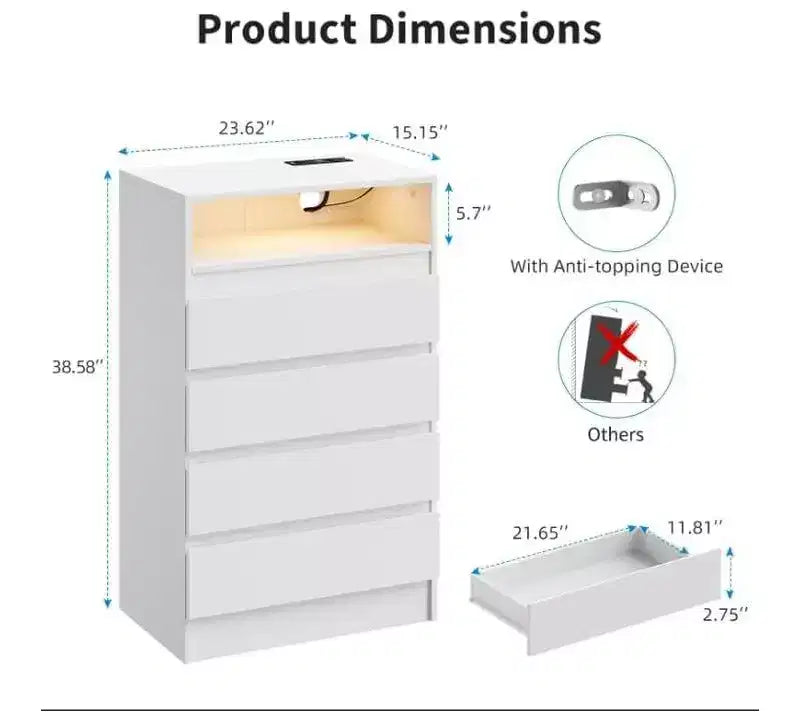 Acekool 4 Drawer Storage Cabinet with LED Light and Charging Station, White Modern Dresser, Utility Storage Cabinet for Bedroom and Living Room