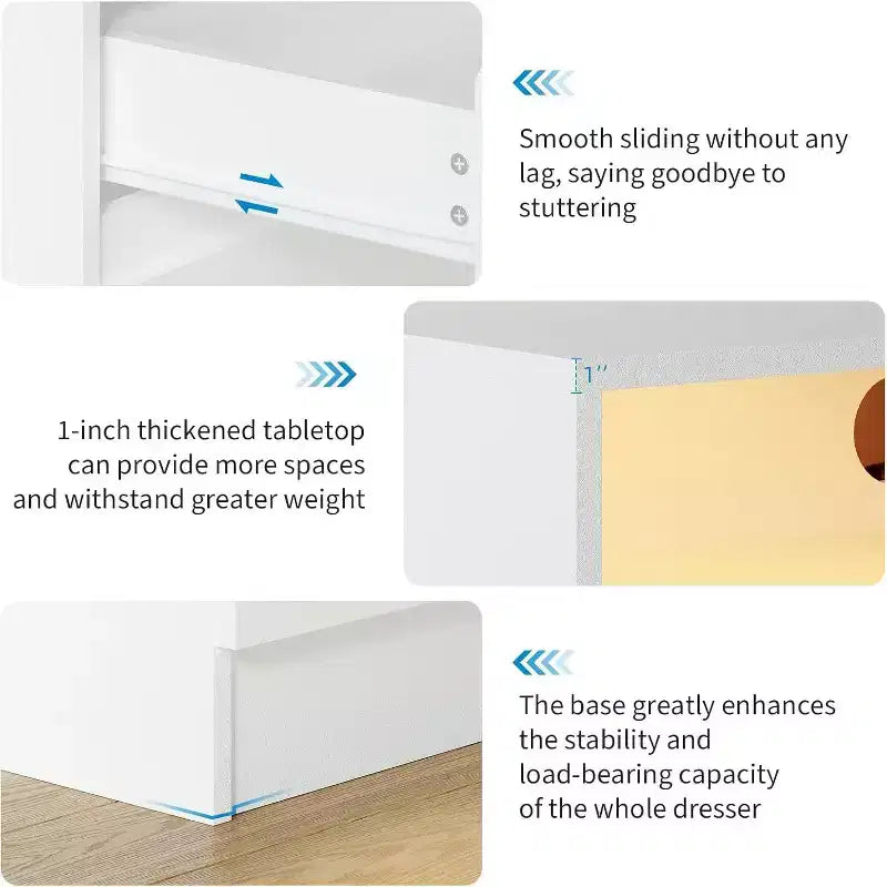 Acekool 4 Drawer Storage Cabinet with LED Light and Charging Station, White Modern Dresser, Utility Storage Cabinet for Bedroom and Living Room