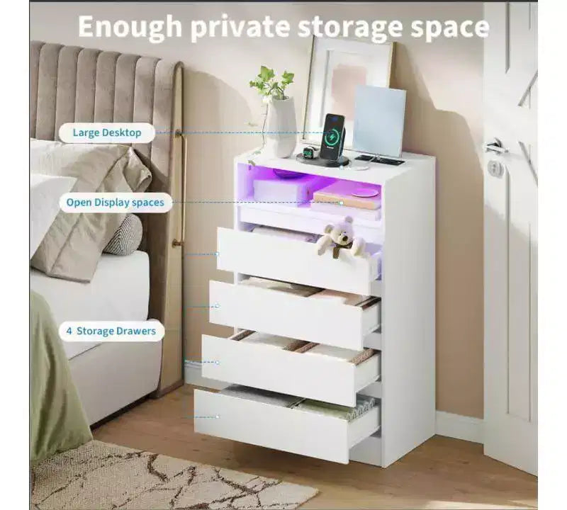 Acekool 4 Drawer Storage Cabinet with LED Light and Charging Station, White Modern Dresser, Utility Storage Cabinet for Bedroom and Living Room