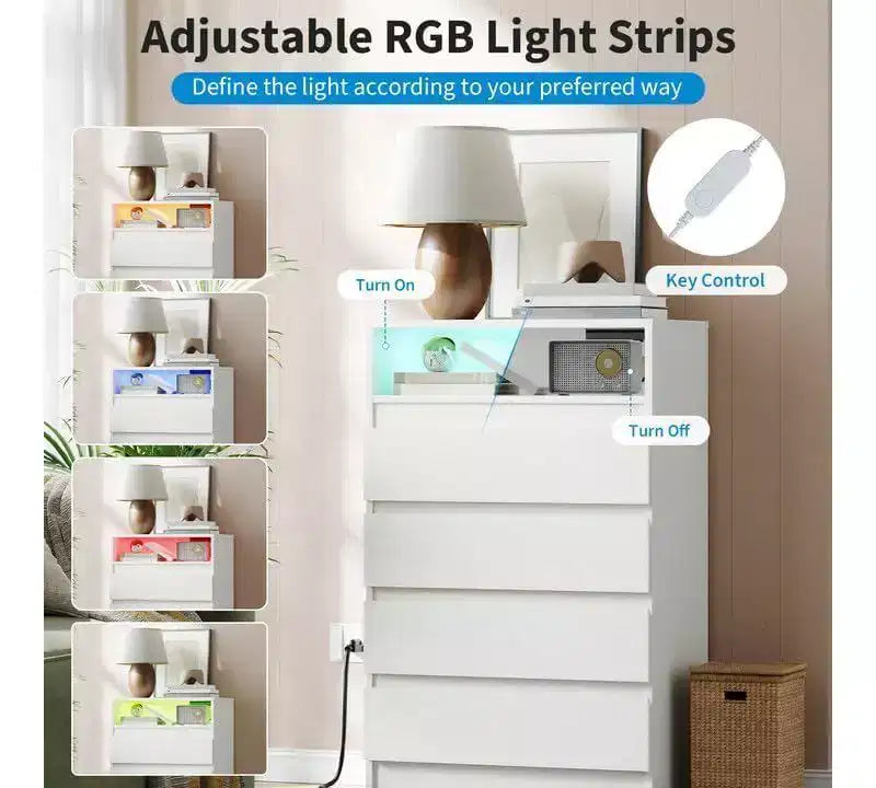 Acekool 4 Drawer Storage Cabinet with LED Light and Charging Station, White Modern Dresser, Utility Storage Cabinet for Bedroom and Living Room
