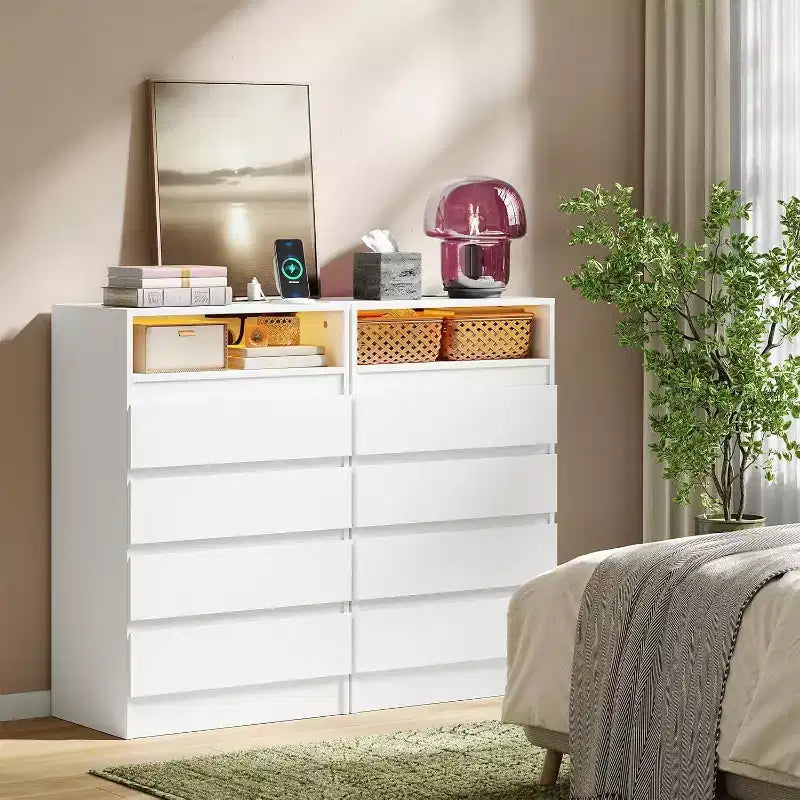 Acekool 4 Drawer Storage Cabinet with LED Light and Charging Station, White Modern Dresser, Utility Storage Cabinet for Bedroom and Living Room
