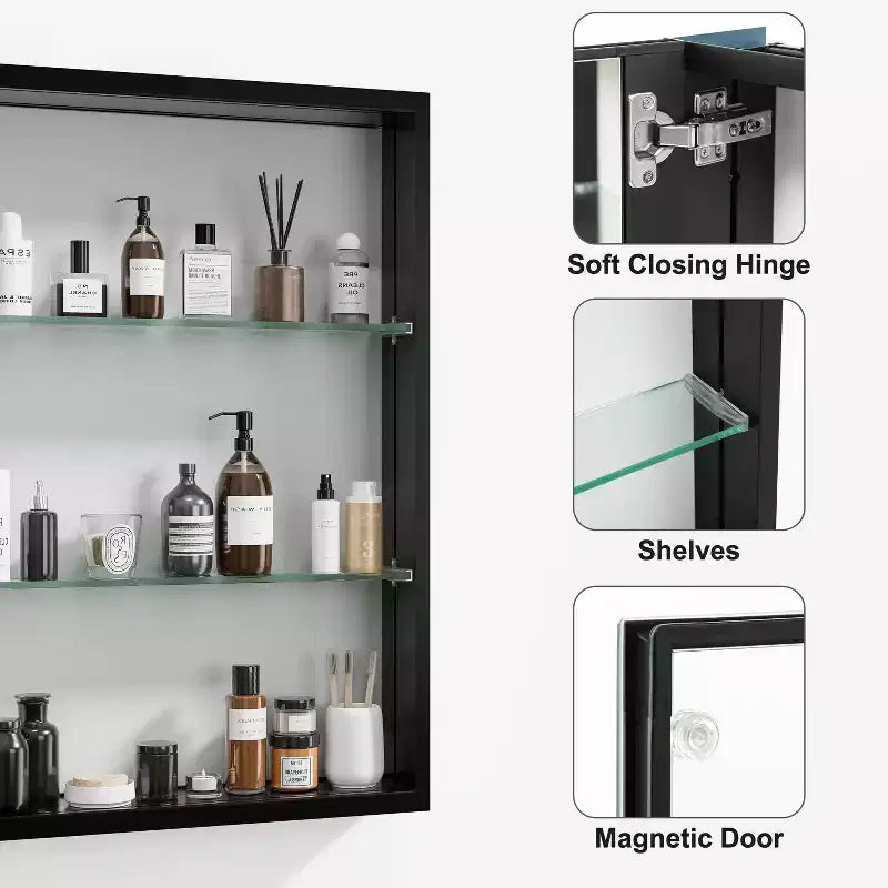 MAYEERTY Armoires de toilette rectangulaires modernes de 26 x 20 pouces, miroir mural à cadre métallique avec rangement, noir