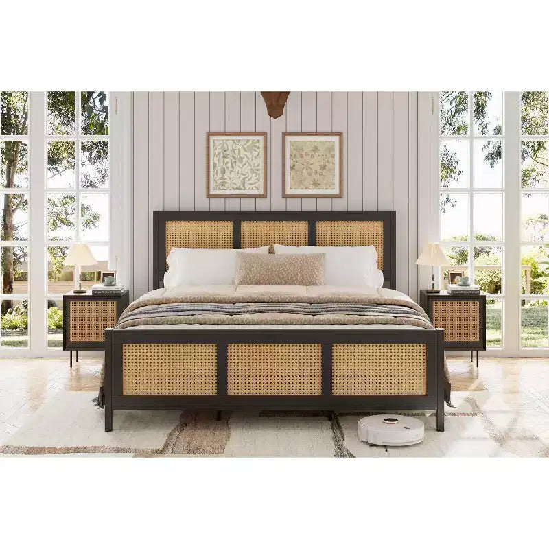 Black Boho Cane Full Size Rattan Bed Frame with Headboard, Strong Metal Slat, Noise Free, No Box Spring Needed