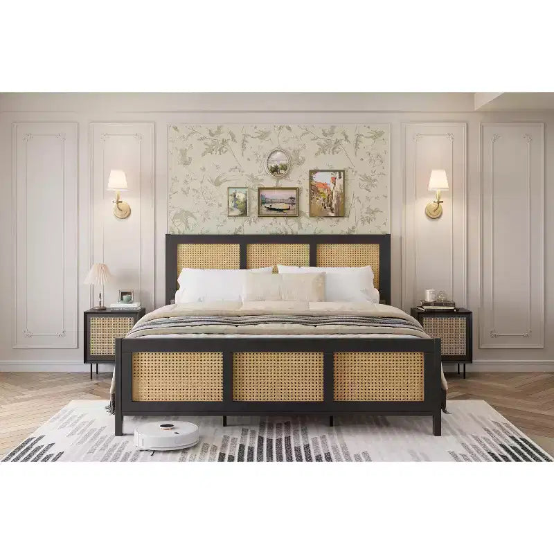 Black Boho Cane Full Size Rattan Bed Frame with Headboard, Strong Metal Slat, Noise Free, No Box Spring Needed