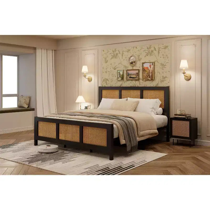 Black Boho Cane Full Size Rattan Bed Frame with Headboard, Strong Metal Slat, Noise Free, No Box Spring Needed