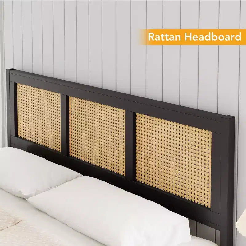 Black Boho Cane Full Size Rattan Bed Frame with Headboard, Strong Metal Slat, Noise Free, No Box Spring Needed