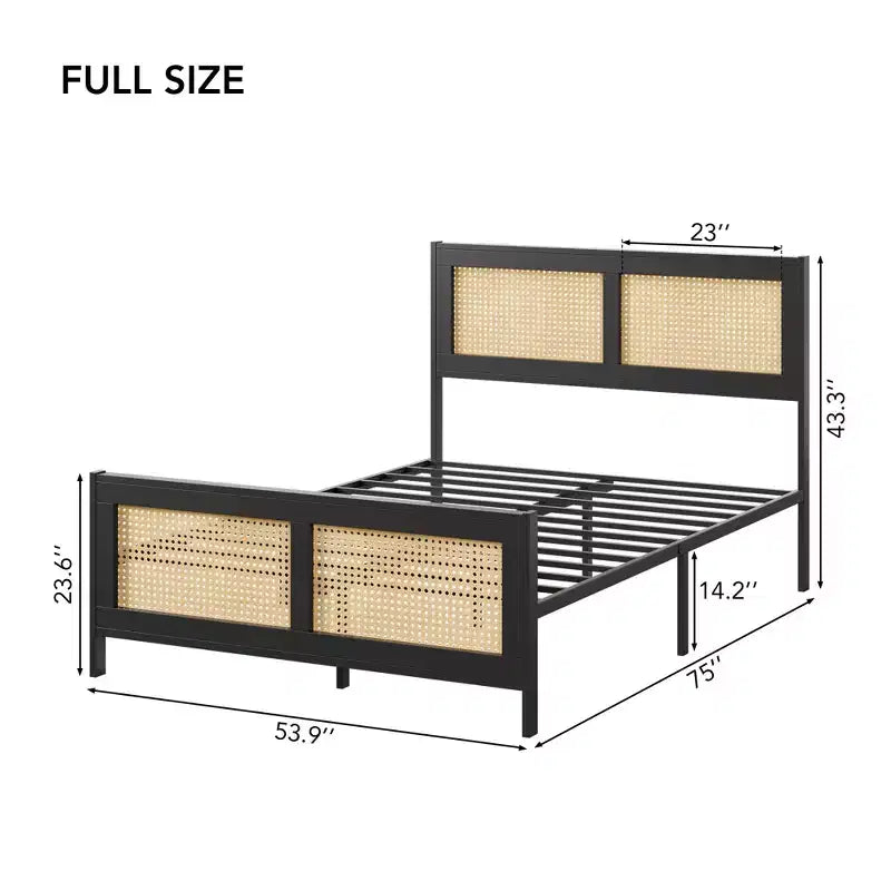 Black Boho Cane Full Size Rattan Bed Frame with Headboard, Strong Metal Slat, Noise Free, No Box Spring Needed