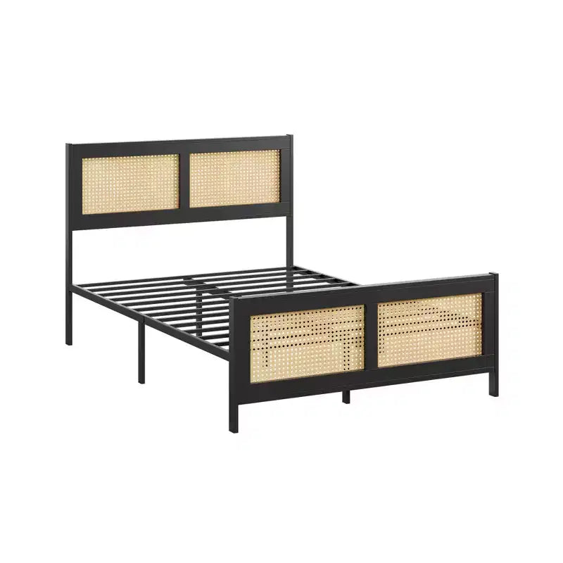Black Boho Cane Full Size Rattan Bed Frame with Headboard, Strong Metal Slat, Noise Free, No Box Spring Needed