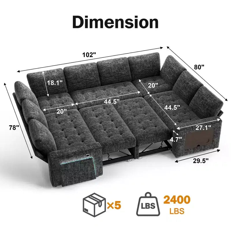 Dyonery 8 Seat U-Shaped Modular Sectional Sleeper Sofa with Pull Out Bed/Reclining Backrest/USB Ports/LED Light Tool-Free Assembly,Chenille Beige