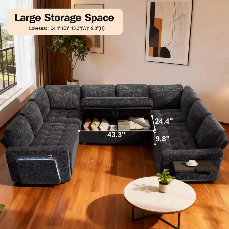 Dyonery 8 Seat U-Shaped Modular Sectional Sleeper Sofa with Pull Out Bed/Reclining Backrest/USB Ports/LED Light Tool-Free Assembly,Chenille Beige