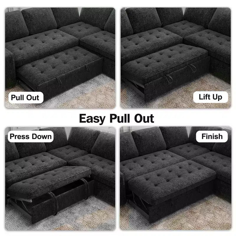 Dyonery 8 Seat U-Shaped Modular Sectional Sleeper Sofa with Pull Out Bed/Reclining Backrest/USB Ports/LED Light Tool-Free Assembly,Chenille Beige