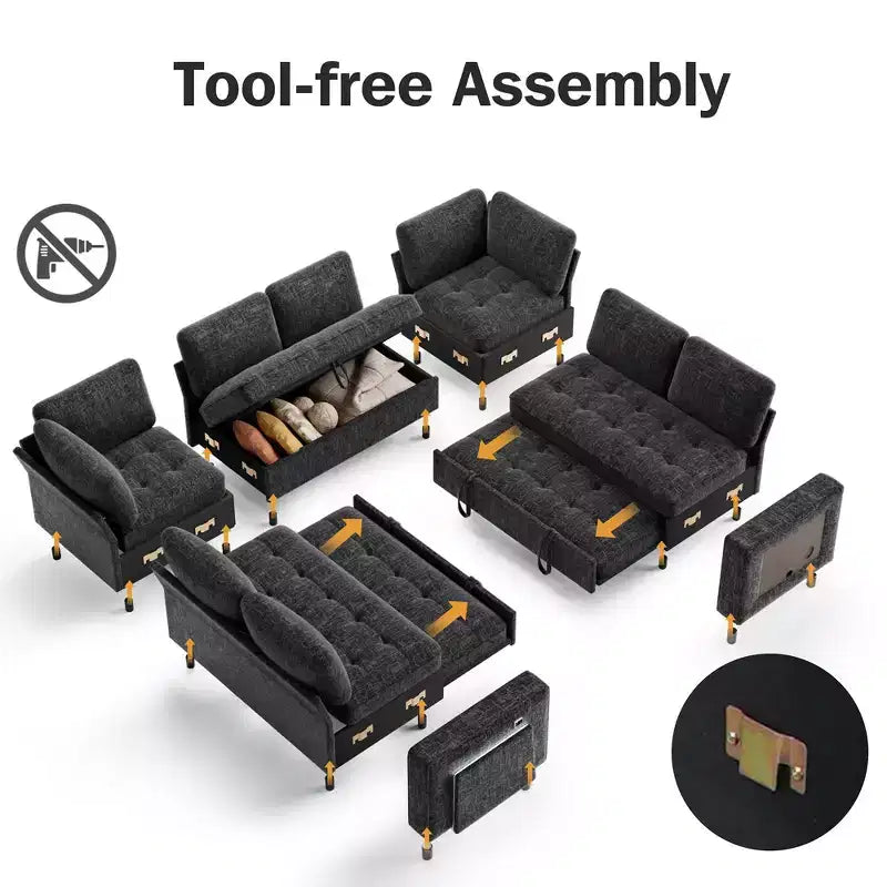Dyonery 8 Seat U-Shaped Modular Sectional Sleeper Sofa with Pull Out Bed/Reclining Backrest/USB Ports/LED Light Tool-Free Assembly,Chenille Beige