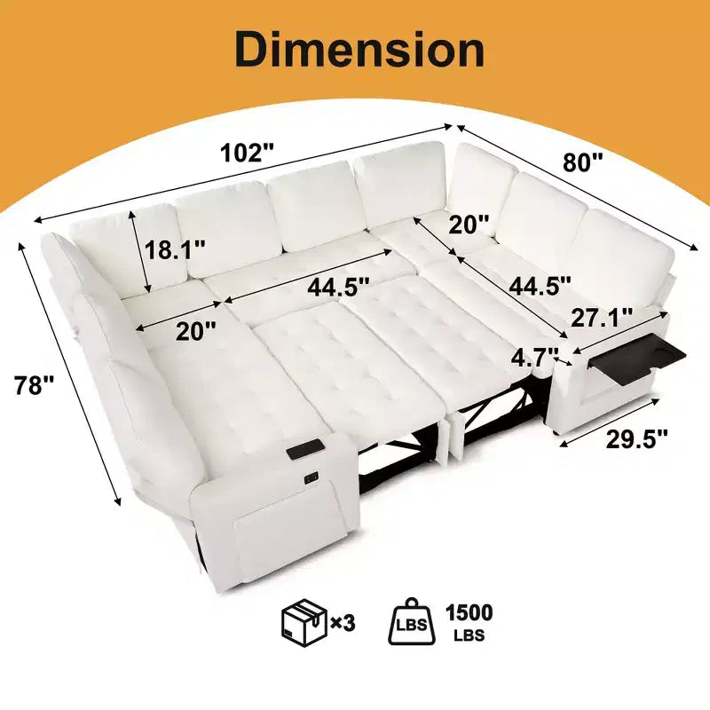 Dyonery 8 Seat U-Shaped Modular Sectional Sleeper Sofa with Pull Out Bed/Reclining Backrest/USB Ports/LED Light Tool-Free Assembly,Chenille Beige