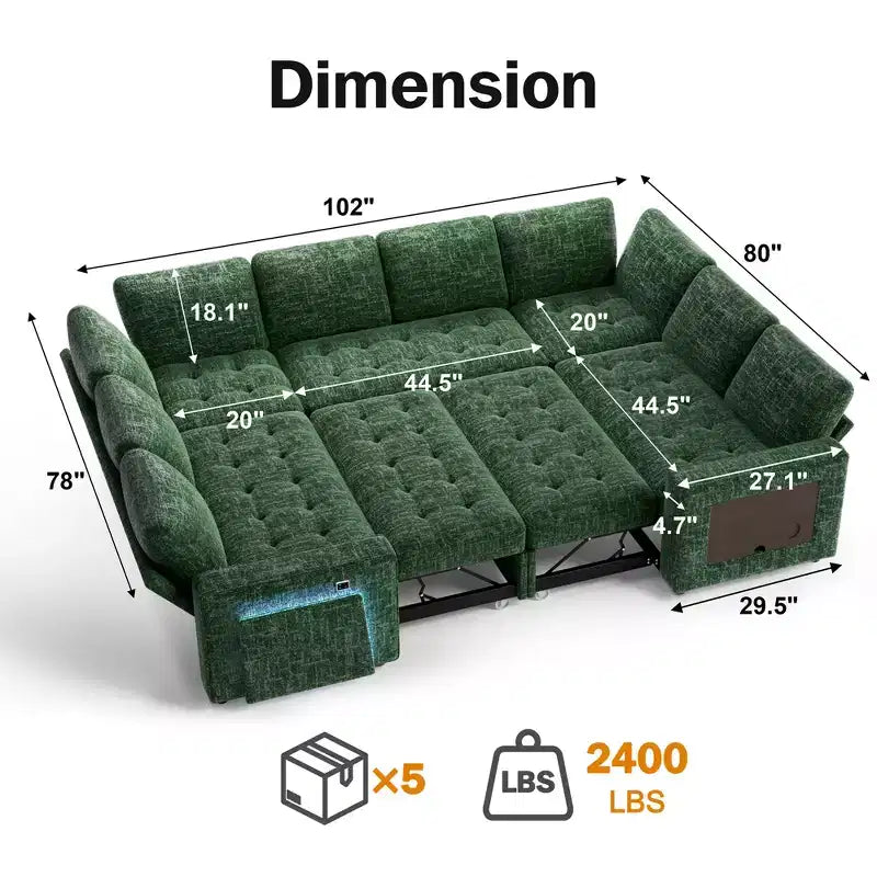 Dyonery 8 Seat U-Shaped Modular Sectional Sleeper Sofa with Pull Out Bed/Reclining Backrest/USB Ports/LED Light Tool-Free Assembly,Chenille Beige