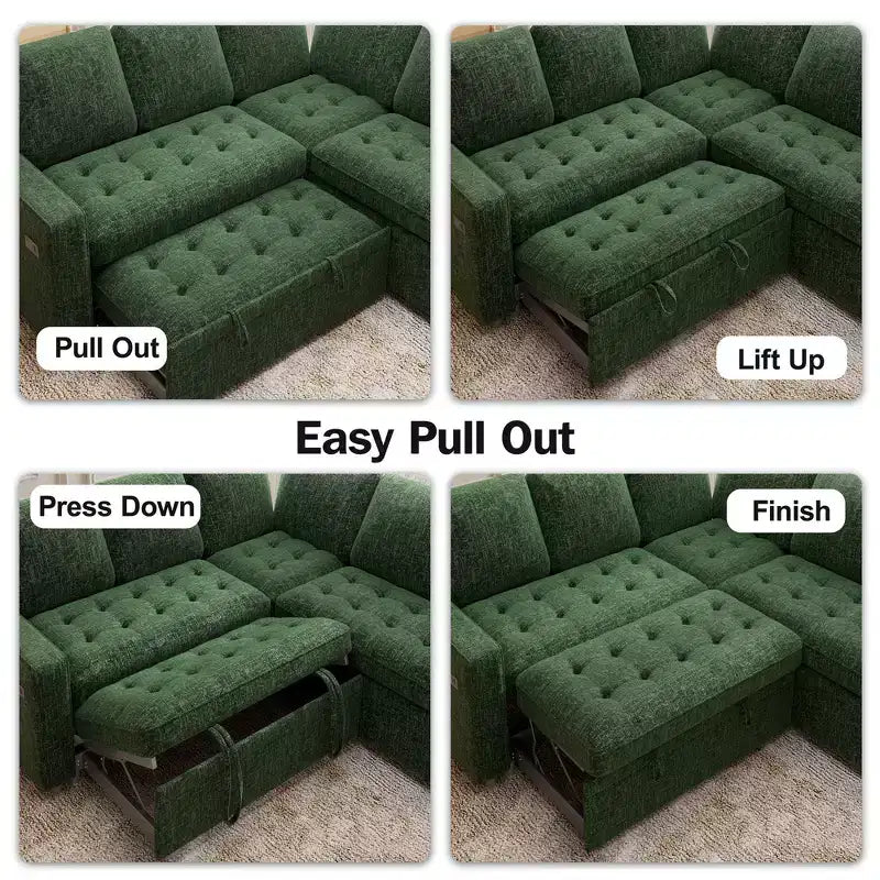 Dyonery 8 Seat U-Shaped Modular Sectional Sleeper Sofa with Pull Out Bed/Reclining Backrest/USB Ports/LED Light Tool-Free Assembly,Chenille Beige