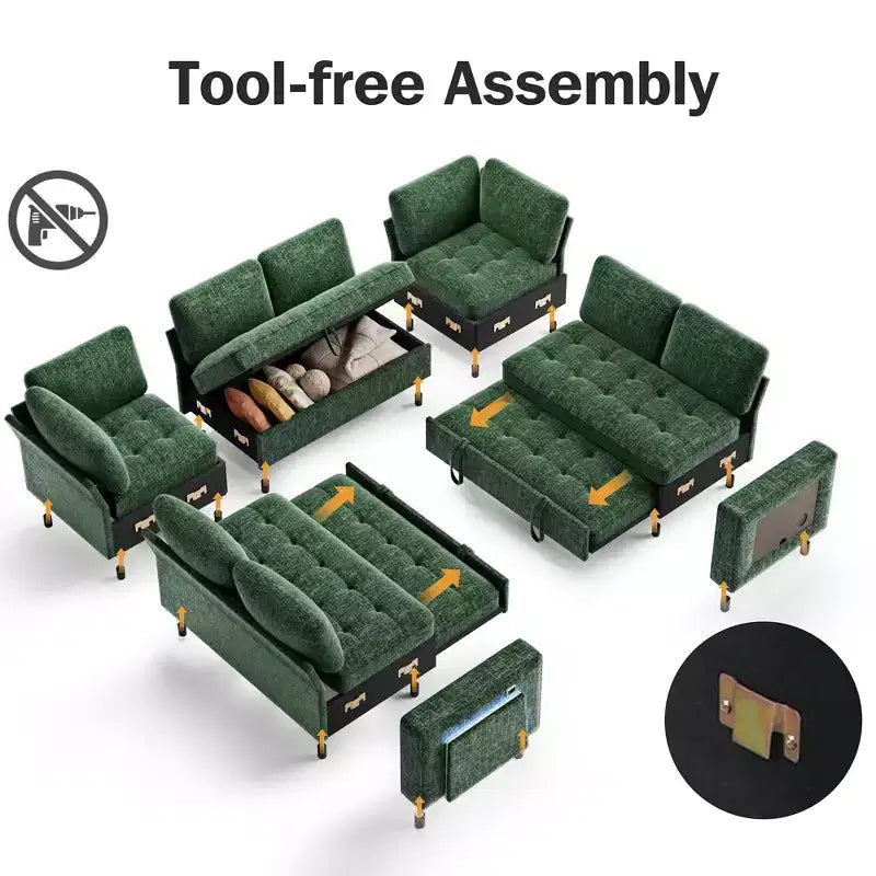Dyonery 8 Seat U-Shaped Modular Sectional Sleeper Sofa with Pull Out Bed/Reclining Backrest/USB Ports/LED Light Tool-Free Assembly,Chenille Beige