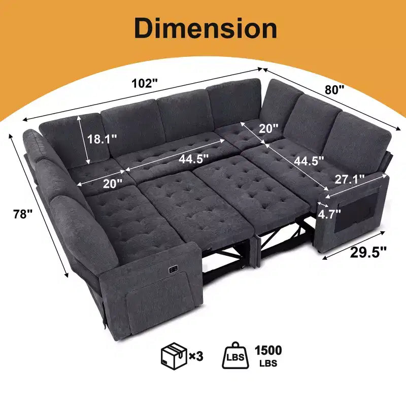 Dyonery 8 Seat U-Shaped Modular Sectional Sleeper Sofa with Pull Out Bed/Reclining Backrest/USB Ports/LED Light Tool-Free Assembly,Chenille Beige