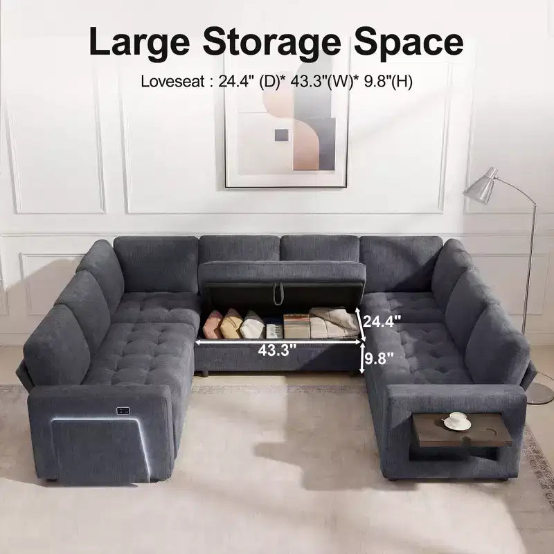Dyonery 8 Seat U-Shaped Modular Sectional Sleeper Sofa with Pull Out Bed/Reclining Backrest/USB Ports/LED Light Tool-Free Assembly,Chenille Beige