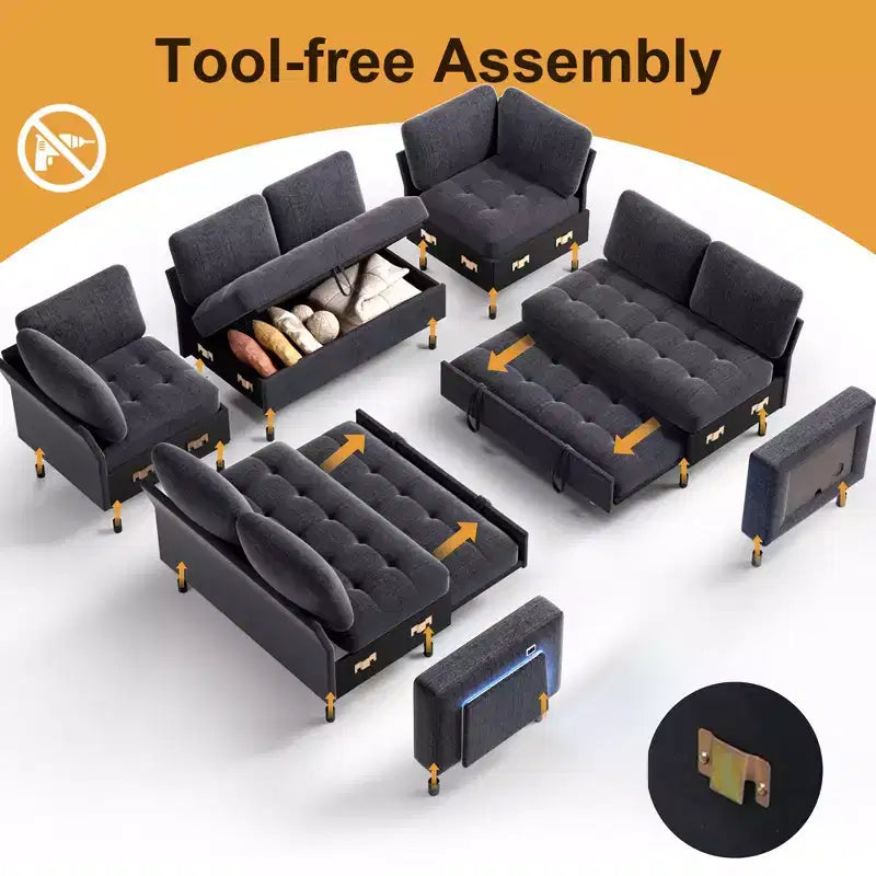 Dyonery 8 Seat U-Shaped Modular Sectional Sleeper Sofa with Pull Out Bed/Reclining Backrest/USB Ports/LED Light Tool-Free Assembly,Chenille Beige