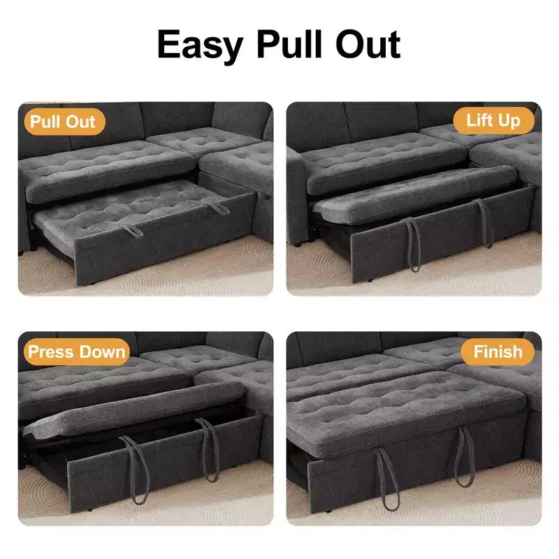 Dyonery 8 Seat U-Shaped Modular Sectional Sleeper Sofa with Pull Out Bed/Reclining Backrest/USB Ports/LED Light Tool-Free Assembly,Chenille Beige