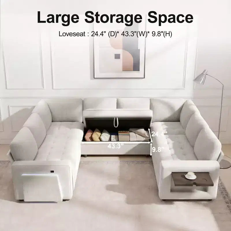 Dyonery 8 Seat U-Shaped Modular Sectional Sleeper Sofa with Pull Out Bed/Reclining Backrest/USB Ports/LED Light Tool-Free Assembly,Chenille Beige