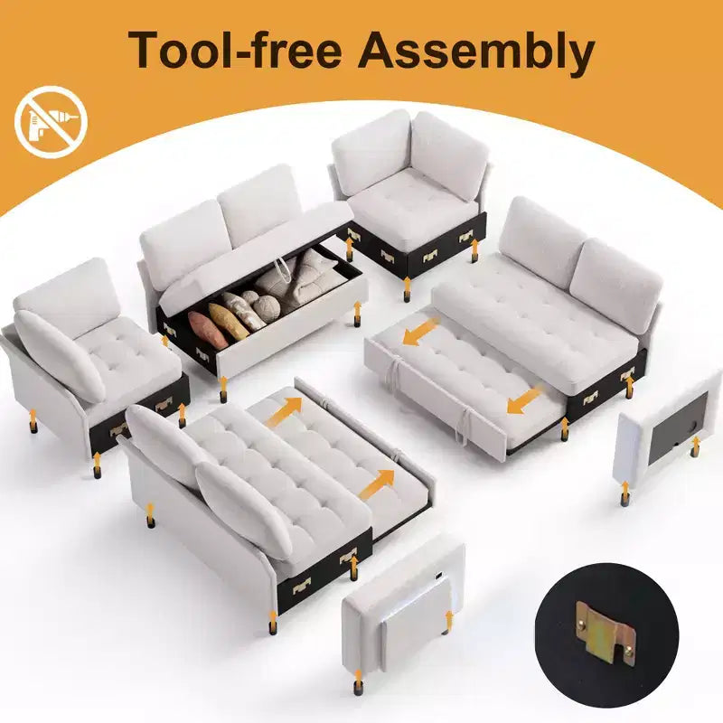 Dyonery 8 Seat U-Shaped Modular Sectional Sleeper Sofa with Pull Out Bed/Reclining Backrest/USB Ports/LED Light Tool-Free Assembly,Chenille Beige