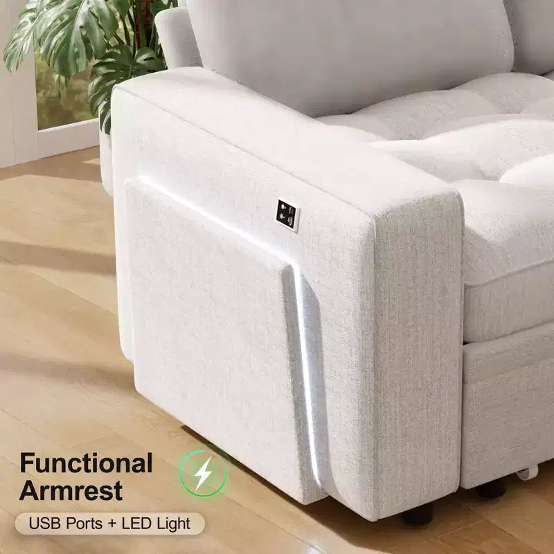 Dyonery 8 Seat U-Shaped Modular Sectional Sleeper Sofa with Pull Out Bed/Reclining Backrest/USB Ports/LED Light Tool-Free Assembly,Chenille Beige
